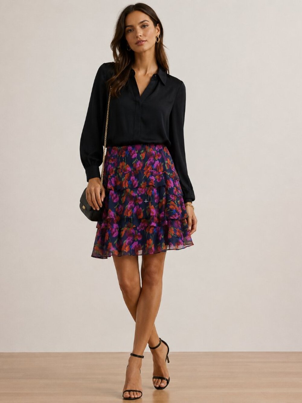 Lauren Ralph Lauren Black Label SZ 10 Floral Crinkle Georgette Tiered Skirt